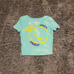 Ladies' "Juicy Peach" Fitted Crop T-Shirt - Bleached Teal, S