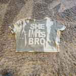 Ladies' "She Lifts Bro" Fitted Crop T-Shirt - Bleached Olive Green, XL