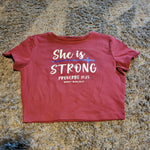 Ladies' "She Is Strong" Fitted Crop T-Shirt - Wine, M