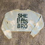 Crop Sweatshirt - "She Lifts Bro" - Bleached Sage, XS