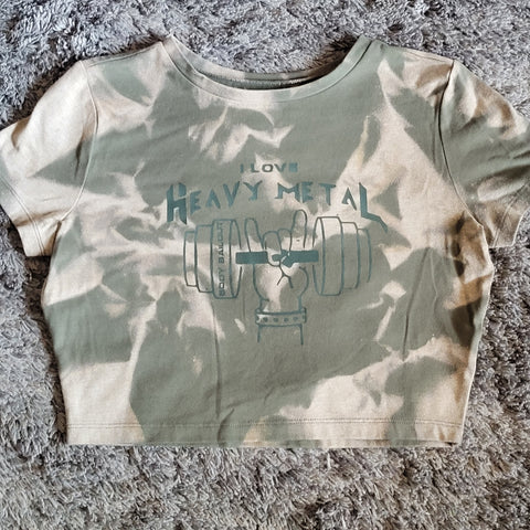 Ladies' "I Love Heavy Metal" Fitted Crop T-Shirt - Bleached Olive Green, L