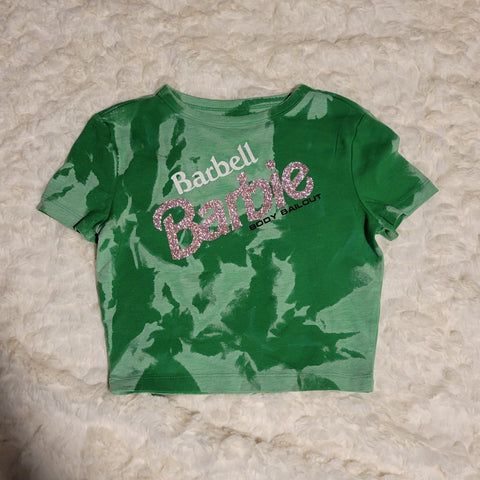 Ladies' "Barbell Barbie" Fitted Crop T-Shirt - Bleached Kelly Green, XS