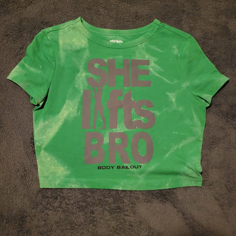 Ladies' "She Lifts Bro" Fitted Crop T-Shirt - Bleached Kelly Green, M