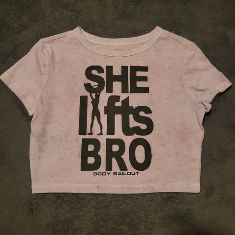 Ladies' "She Lifts Bro" Fitted Crop T-Shirt - Dye Splattered Lavender, M