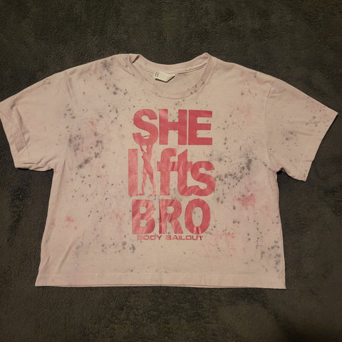 Ladies' "She Lifts Bro" Loose Fit Crop T-Shirt - Dye Splattered, S