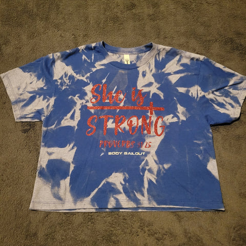 Ladies' "She Is Strong" Loose Fit Crop T-Shirt - Bleached Royal Blue, L