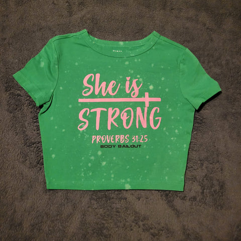 Ladies' "She Is Strong" Fitted Crop T-Shirt - Bleached Kelly Green, S