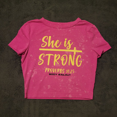 Ladies' "She Is Strong" Fitted Crop T-Shirt - Bleached Fuchsia, XS