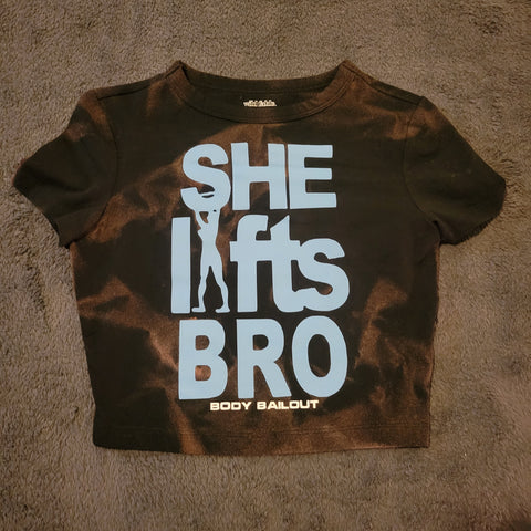 Ladies' "She Lifts Bro" Fitted Crop T-Shirt - Bleached Black, XS