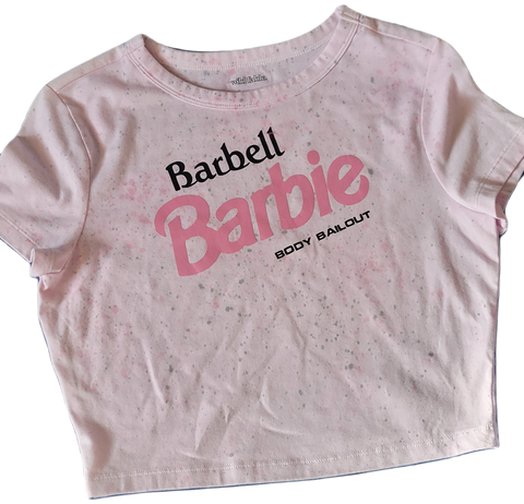 Ladies' "Barbell Barbie" Fitted Crop T-Shirt - Dye Splattered Pink, M