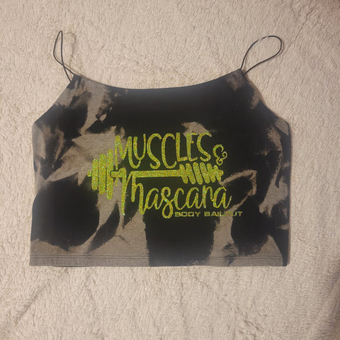 Ladies' "Muscles & Mascara" Cropped Cami Tank - Bleached Black, L