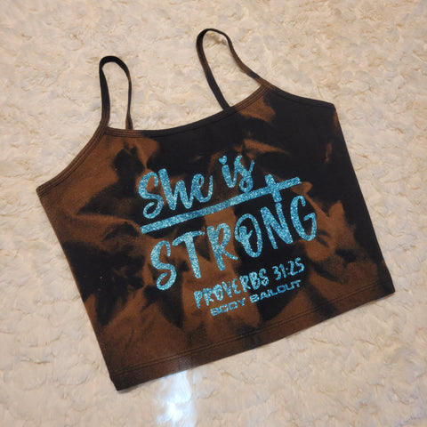 "She Is Strong" Cropped Tank - Bleached Black, S