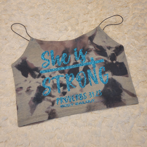 "She Is Strong" Cropped Cami Tank - Bleached Gray, M