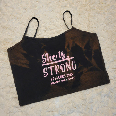 "She Is Strong" Cropped Cami Tank - Bleached Black, L