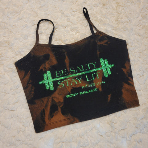 "Be Salty Stay Lit" Cropped Tank - Bleached Black, S