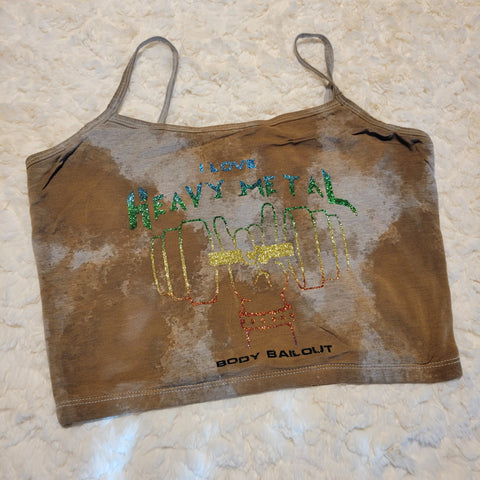 "I Love Heavy Metal" Cropped Tank - Bleached Brown, M