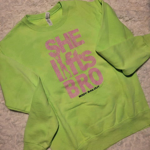 "She Lifts Bro" Unisex Sweatshirt - Bleached Lime Green, S