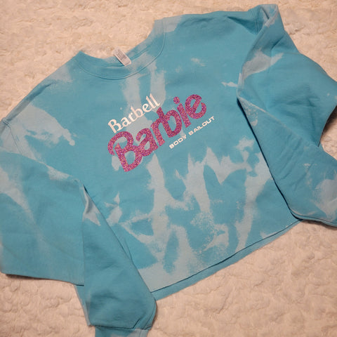 "Barbell Barbie" Cropped Unisex Sweatshirt - Bleached Turquoise, M