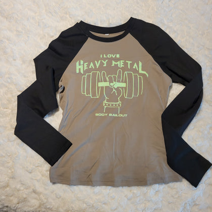 Baseball T-shirt - "I Love Heavy Metal" - Sepia & Black, S