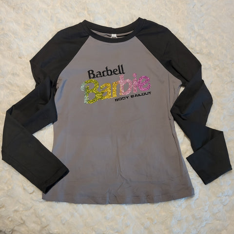 Baseball T-shirt - "Barbell Barbie" - Gray & Black, S