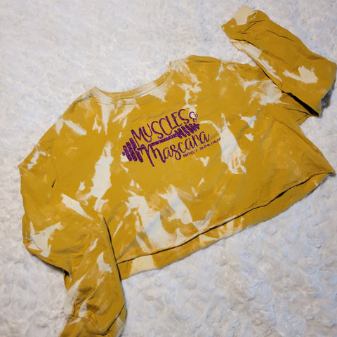Cropped Long-sleeved T-shirt - "Muscles & Mascara" - Bleached Antique Gold - XL