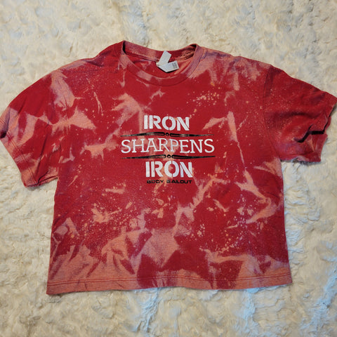 Loose Fit Cropped T-Shirt - "Iron Sharpens Iron" - Bleached Red, XS