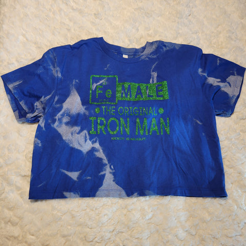 Loose Fit Cropped T-Shirt - "FeMALE the Original Iron Man" - Bleached Royal Blue, XL
