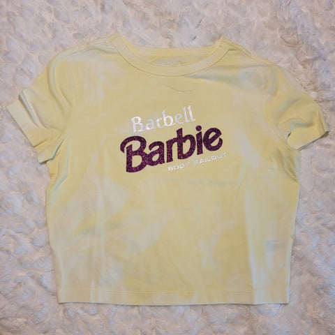 Fitted Cropped T-Shirt - "Barbell Barbie" - Bleached Pale Yellow, M