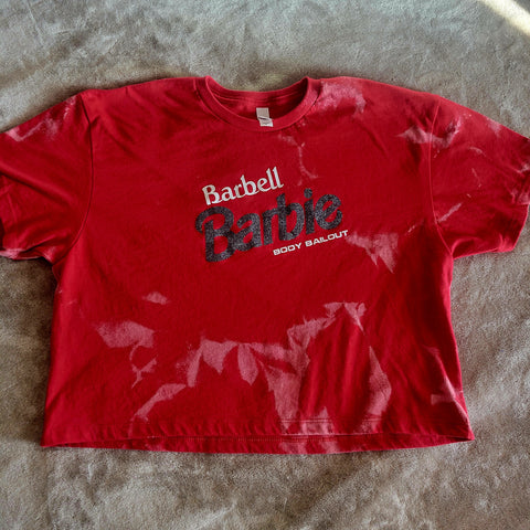 Ladies' "Barbell Barbie" Loose Fit Crop T-Shirt - Bleached Red, XL