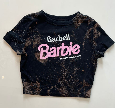 Ladies' "Barbell Barbie" Fitted Crop T-Shirt - Bleached Black, S