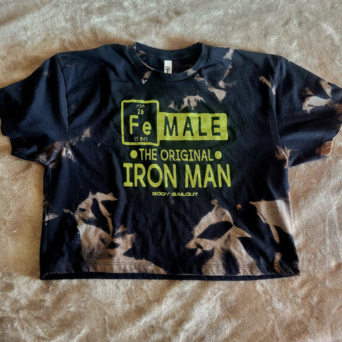 Ladies' "FeMALE The Original Iron Man" Loose Fit Crop T-Shirt - Bleached Black, XL
