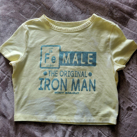 Ladies' "FeMALE The Original Iron Man" Fitted Crop T-Shirt - Bleached Pale Yellow, L