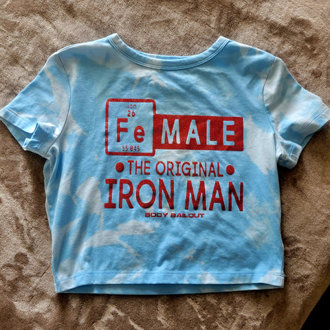 Ladies' "FeMALE The Original Iron Man" Fitted Crop T-Shirt - Bleached Sky Blue, M