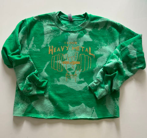 Crop Sweatshirt - "I Love Heavy Metal" - Bleached Kelly Green, S