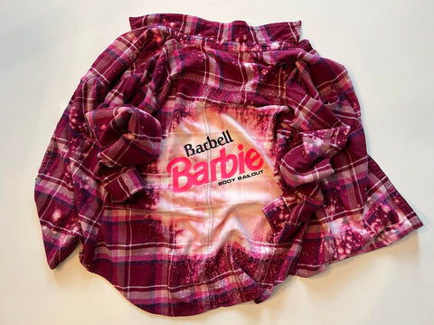 Upcycled Flannel Shirt - "Barbell Barbie" - Mauve Plaid, L