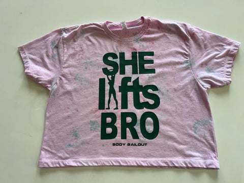 Ladies' "She Lifts Bro" Loose Fit Crop T-Shirt - Dye Splattered Pink, L