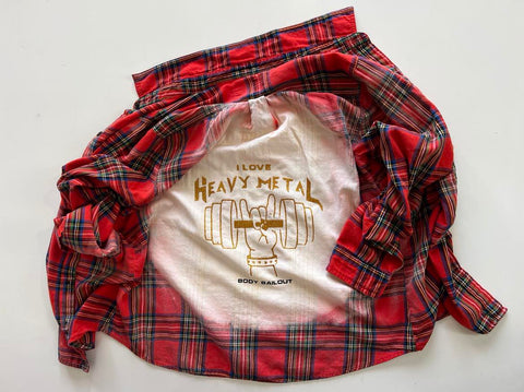 Upcycled Flannel Shirt - "I Love Heavy Metal" - Red Plaid, L