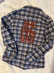 Upcycled Flannel Shirt - "She Lifts Bro" - White, Navy & Rust Plaid, L