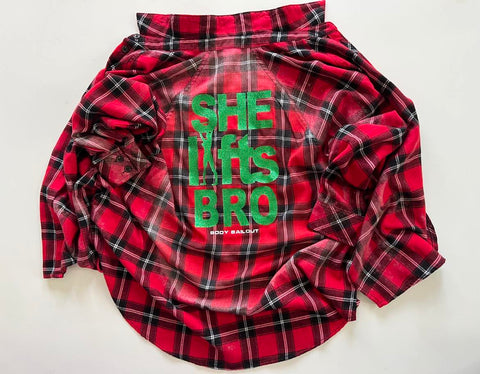 Upcycled Flannel Shirt - "She Lifts Bro" - Red Plaid, M