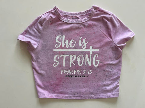 Ladies' "She Is Strong" Fitted Crop T-Shirt - Dye Splattered Pink, M