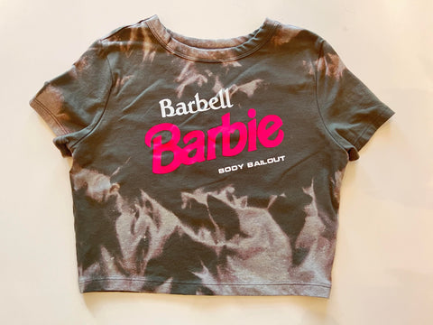 Ladies' "Barbell Barbie" Fitted Crop T-Shirt - Bleached Olive Green, M