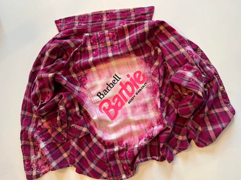 Upcycled Flannel Shirt - "Barbell Barbie" - Pink Plaid, M