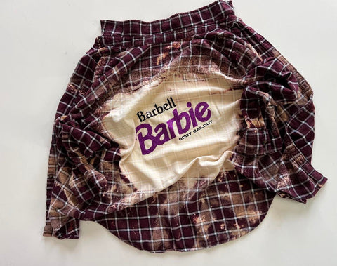 Upcycled Flannel Shirt - "Barbell Barbie" - Burgundy Plaid, M