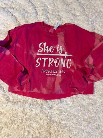 Crop Sweatshirt - "She Is Strong" - Bleached Fuchsia, M