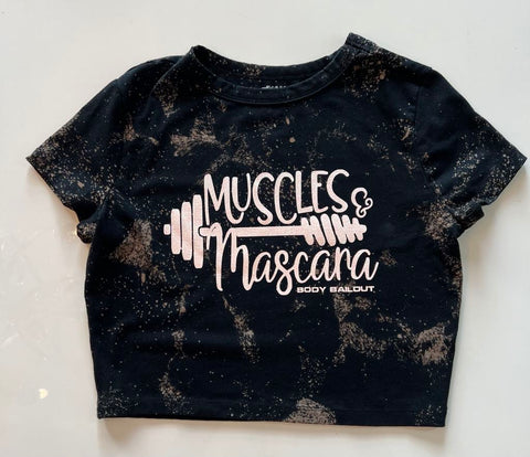 Ladies' "Muscles & Mascara" Fitted Crop T-Shirt - Bleached Black, L