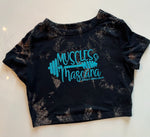 Ladies' "Muscles & Mascara" Fitted Crop T-Shirt - Bleached Black, L