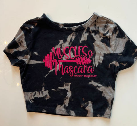 Ladies' "Muscles & Mascara" Fitted Crop T-Shirt - Bleached Black, M
