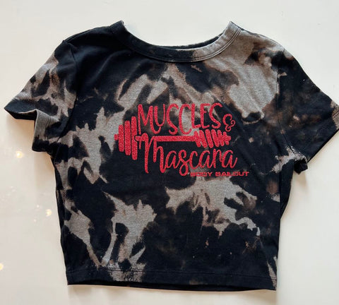 Ladies' "Muscles & Mascara" Fitted Crop T-Shirt - Bleached Black, S
