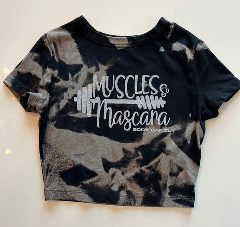 Ladies' "Muscles & Mascara" Fitted Crop T-Shirt - Bleached Black, S