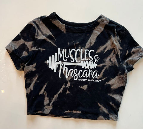 Ladies' "Muscles & Mascara" Fitted Crop T-Shirt - Bleached Black, M